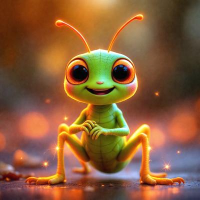 The primary subject of the image is a green cartoon character, possibly a lizard or a similar creature, sitting on the ground with a smile on its face. The character appears to be the main focus of the image. The setting is a dark room with a few lights, creating a moody atmosphere. The visual style is a digital art or illustration, as the character is depicted in a cartoon-like manner. The colors and mood of the image are predominantly dark, with the green character standing out as the main